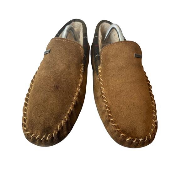 Barbour Slippers Men\'s Size 8 Monty Moccasin Tan Suede Tartan Shearling Lining main image 11